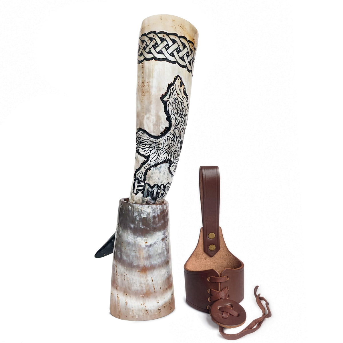 Viking Mug - Viking Drinking Horn with Fitted Stand & Genuine Leather Belt Holster - Multiple Sizes