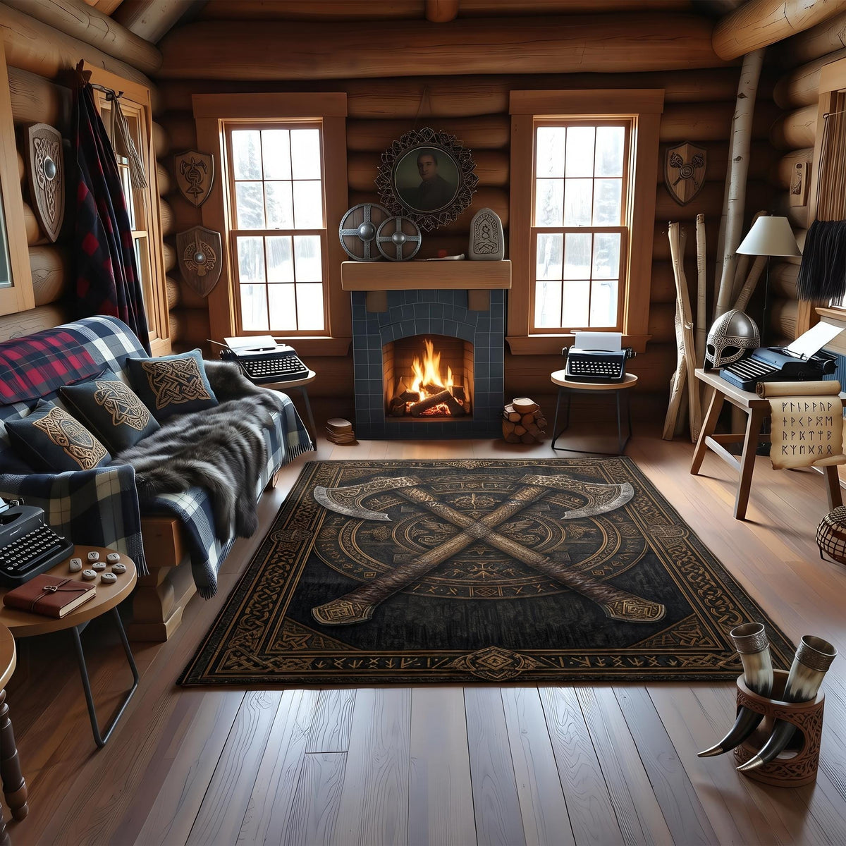 Viking Rug - Viking Axe Rug, Norse Mythology Decor, Celtic Knot Carpet, Rustic Man Cave Mat