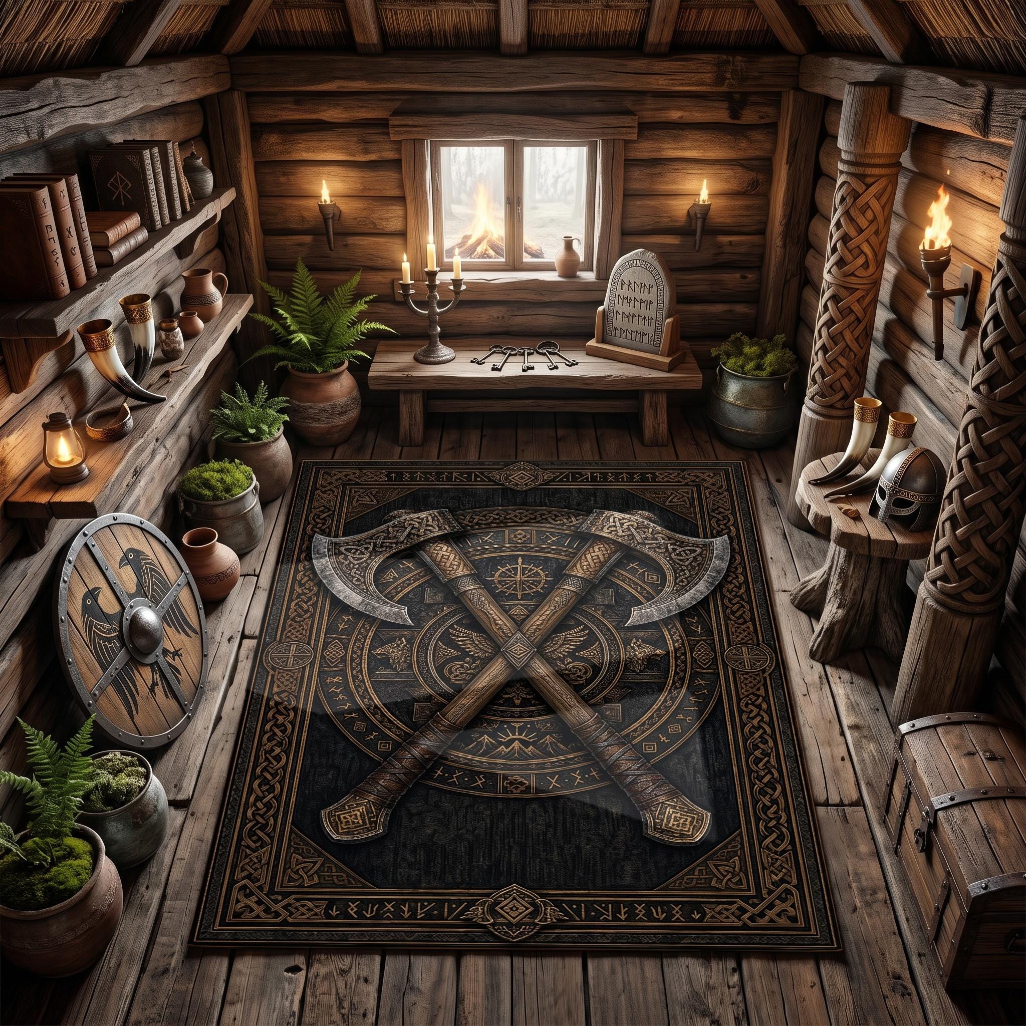 Viking Rug - Viking Axe Rug, Norse Mythology Decor, Celtic Knot Carpet, Rustic Man Cave Mat