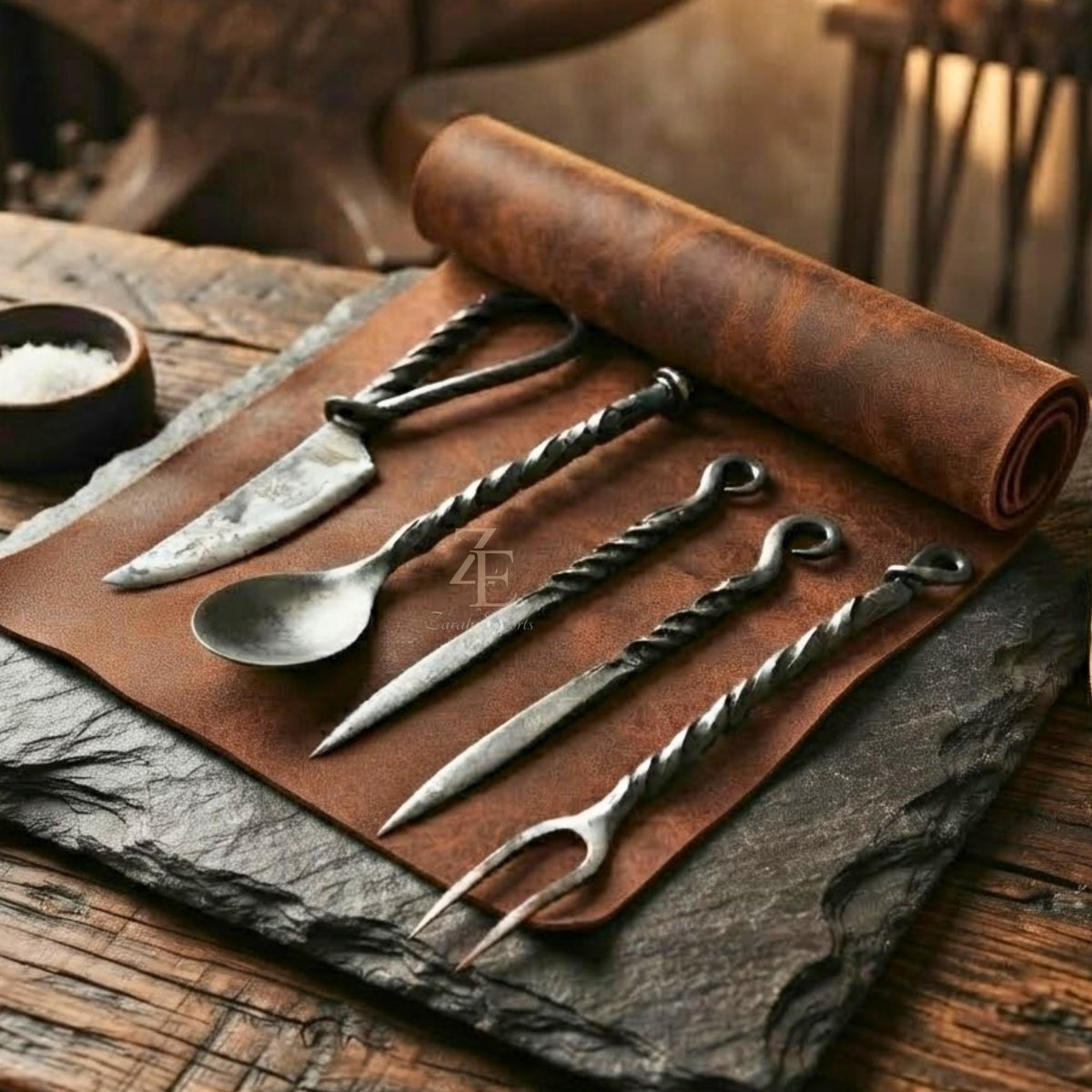 Viking Leather Accessory - Hand Forged Viking Cutlery Set – High Carbon Steel Medieval Utensils Set