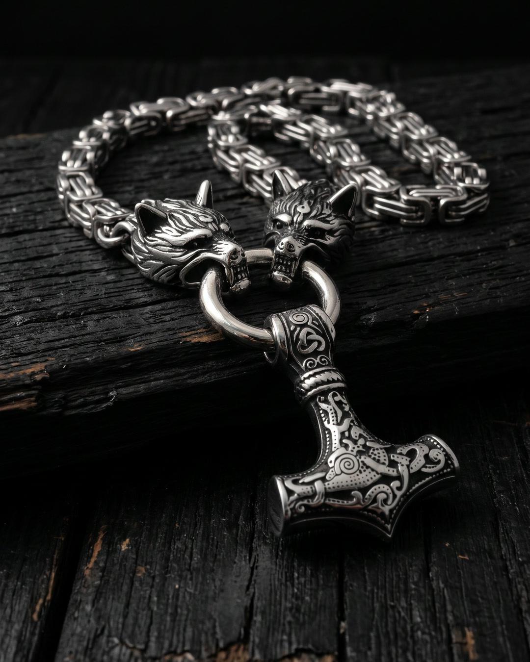 Viking Thor's Hammer Necklace - Mjolnir Necklace, Wolf Chain, Fenrir Amulet, Handmade Viking
