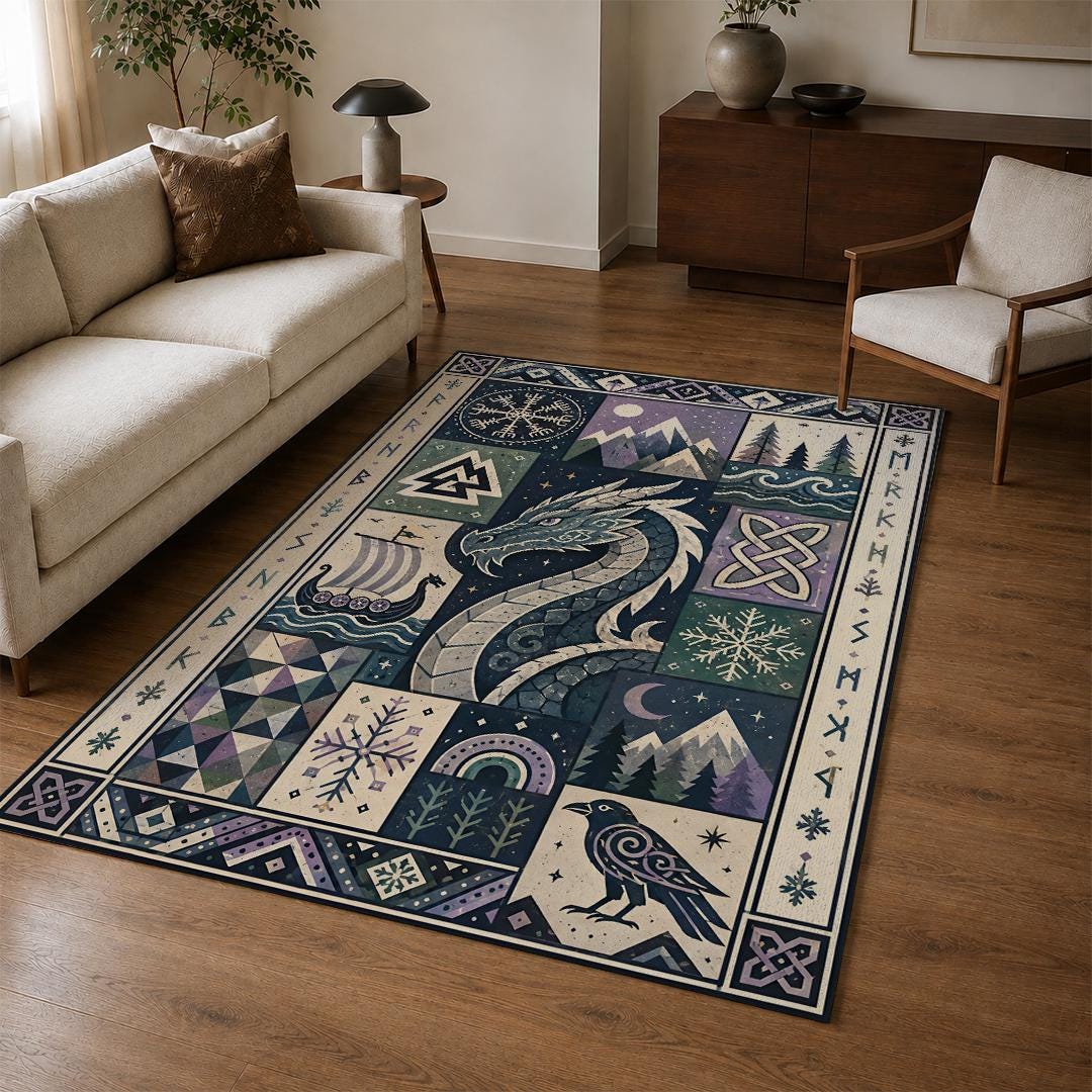 Viking Valknut Rug - Black Gold Norse Raven Viking Area Rug, Open Book Valknut Carpet, Celtic Knot