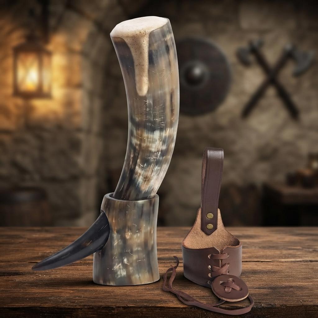 Viking Mug - SCA Viking Fireworks Print Drinking Horn w/ Leather Holster Fireworks Party Sparklers