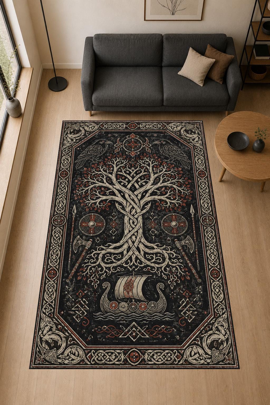 Viking Raven Rug - Viking Norse Mythology Rug, Raven Tree of Life, Nordic Ship Design, Celtic Knot