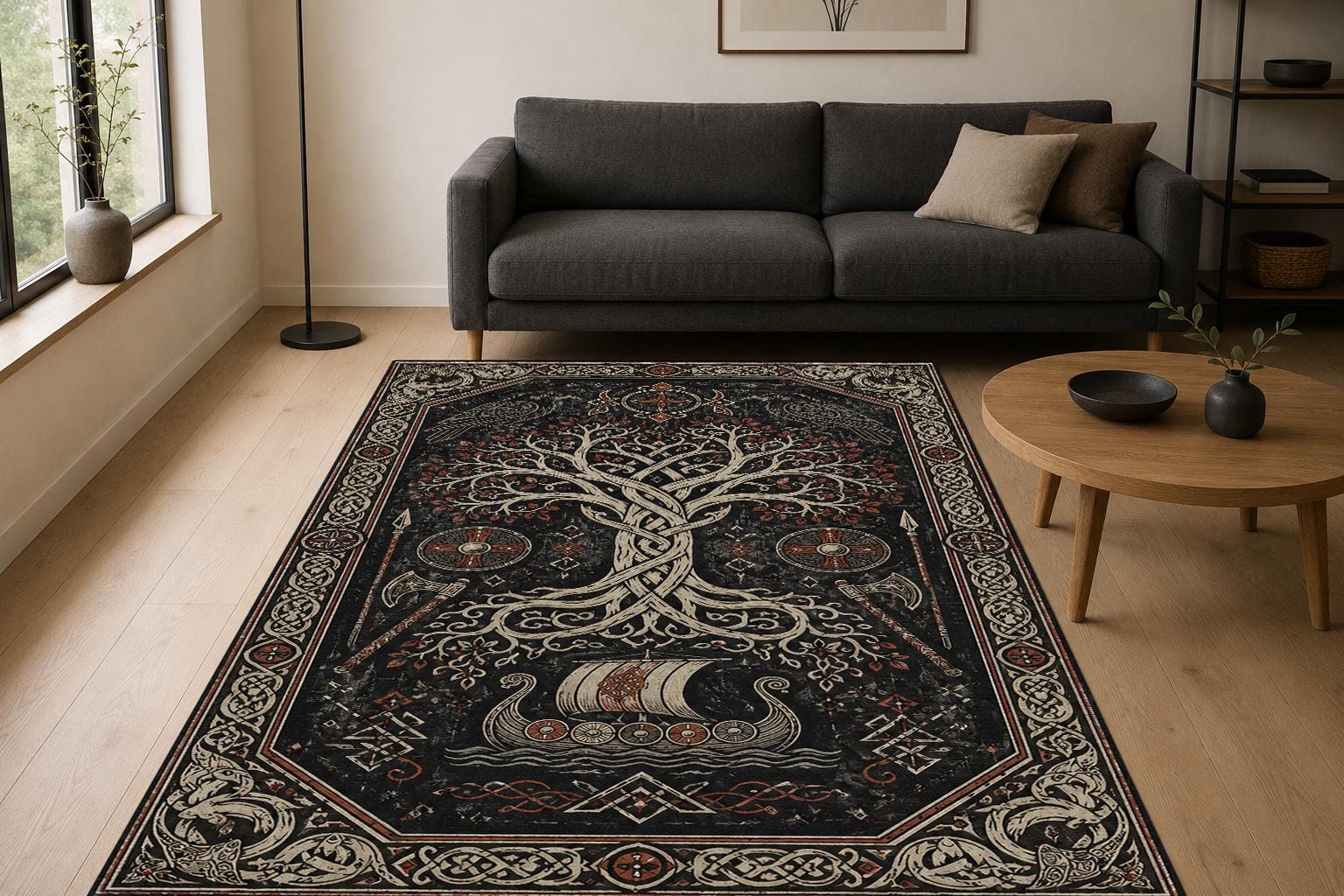 Viking Raven Rug - Viking Norse Mythology Rug, Raven Tree of Life, Nordic Ship Design, Celtic Knot
