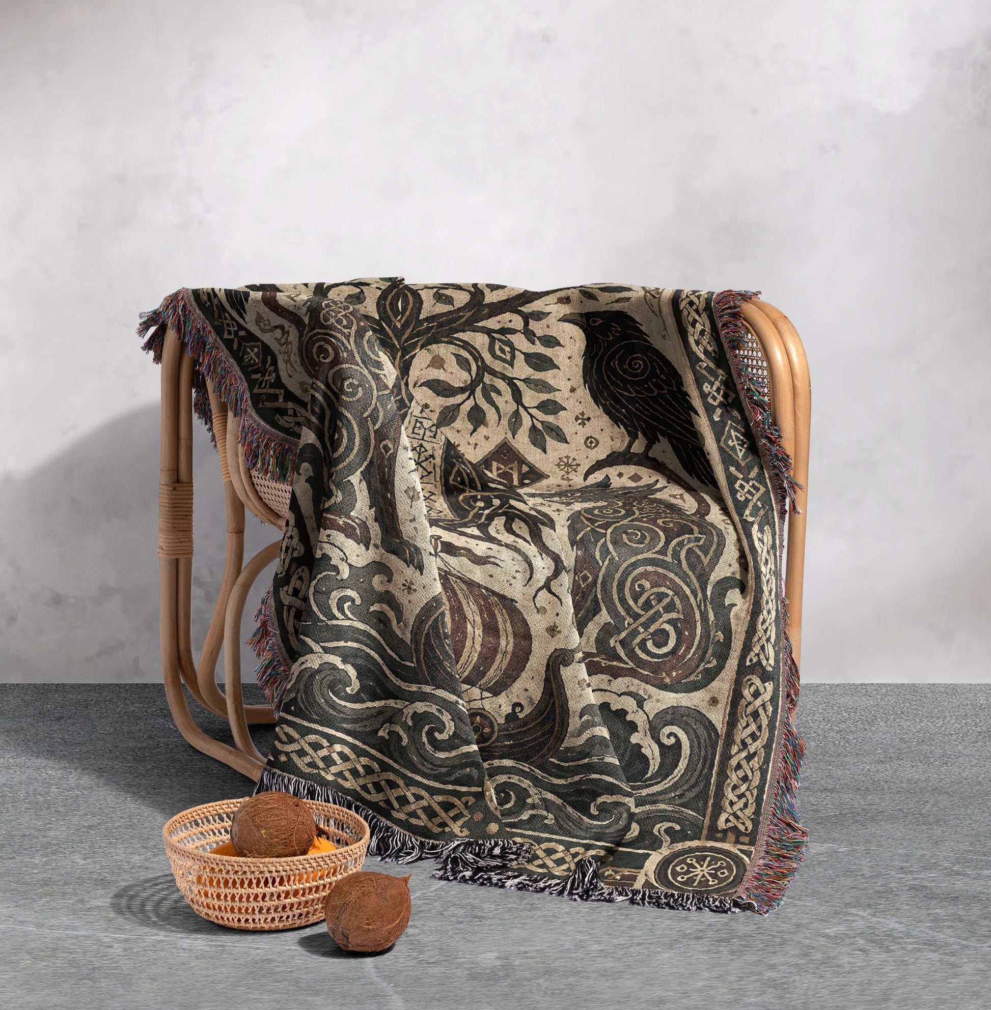 Viking Wolf Blanket - Norse Raven 100% Cotton Woven Blanket, Mythic Tree Wolf Longship Throw