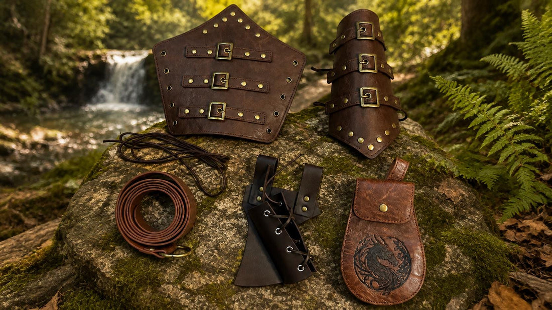 Viking Costume & LARP - Medieval Leather Accessory Set 63" Belt, Pouch, 2 Arm Guards & Sword Holder