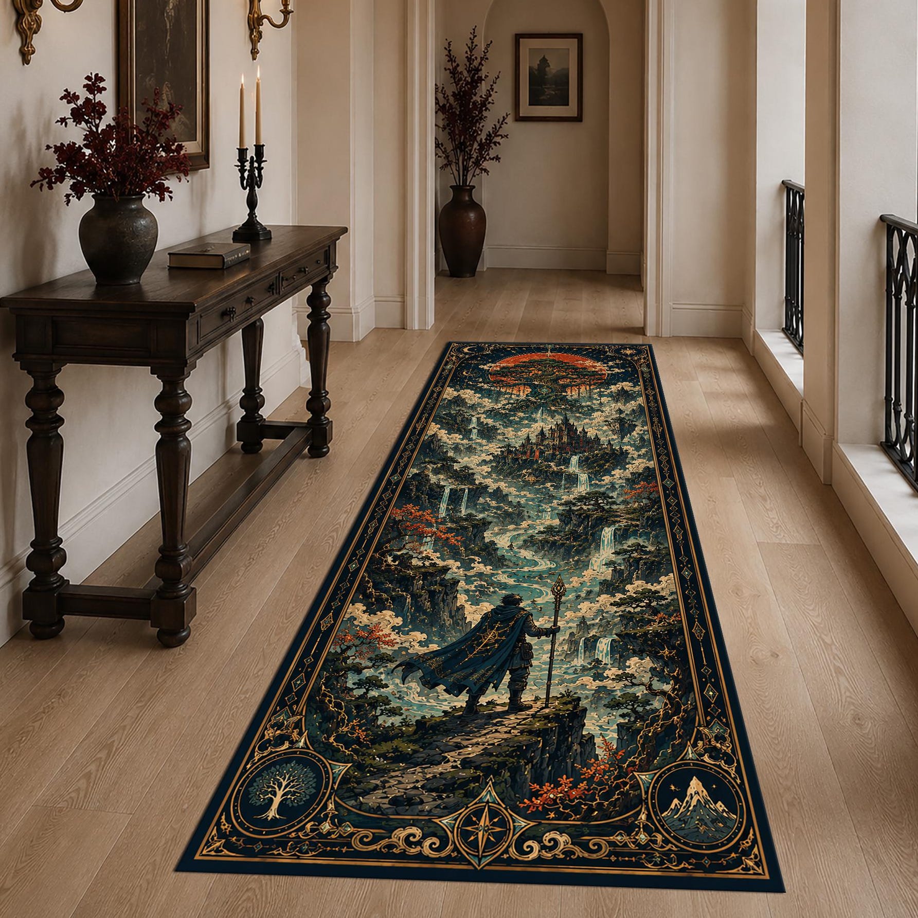 Viking Rug - Viking Axe Runner Rug: Blue Celtic Knot Carpet, Nordic Warrior Pattern, Fantasy Decor