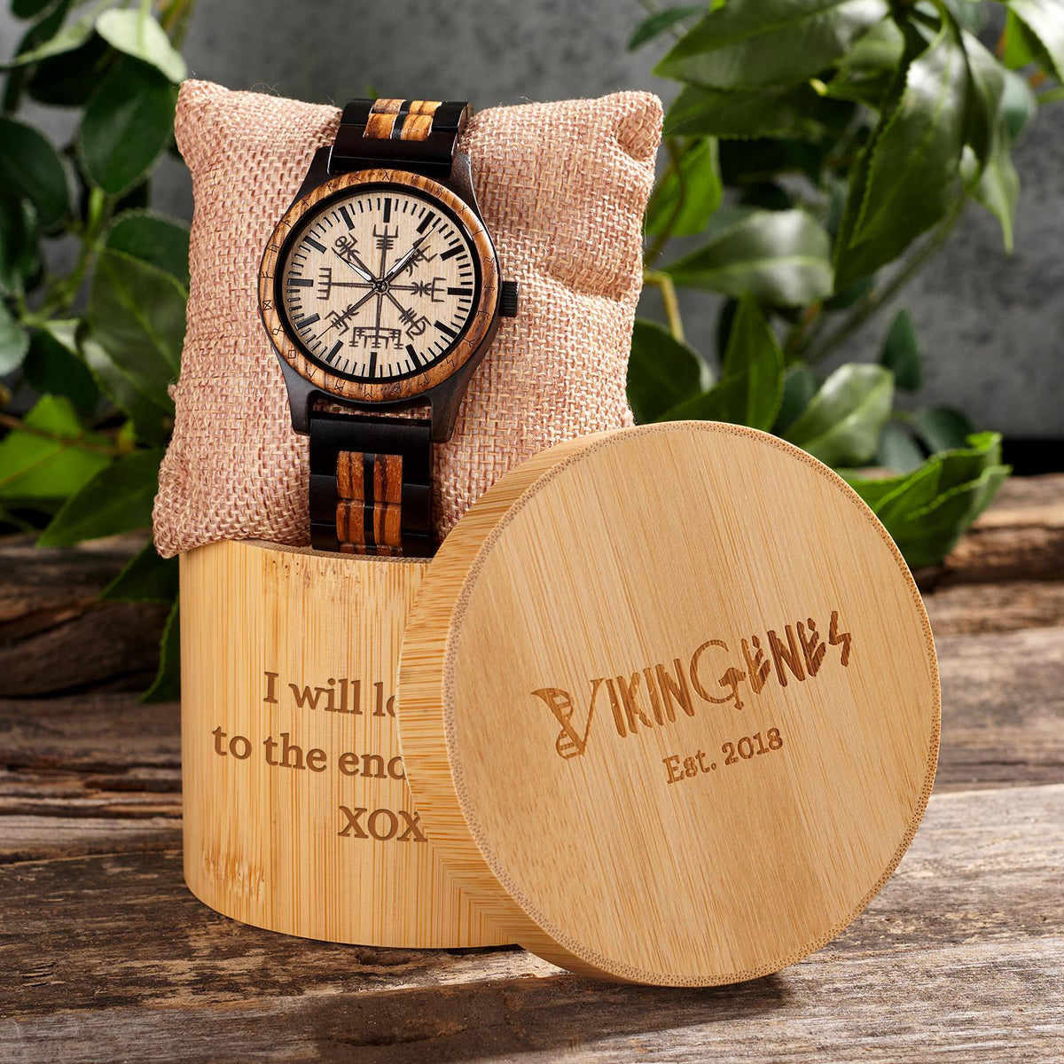 Viking Leather Accessory - Viking Compass Watch, Wooden Engraved, Groomsmen Gift, Personalized