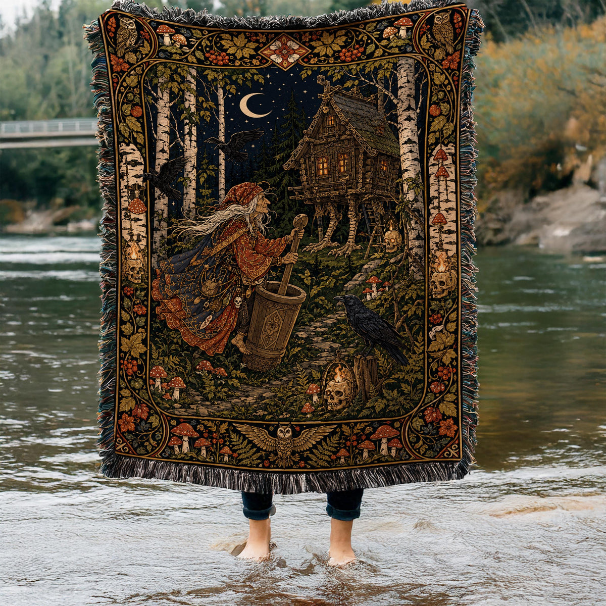 Viking Wolf Blanket - Norse Tree of Life Woven Blanket, Yggdrasil Raven and Wolf Tapestry Throw