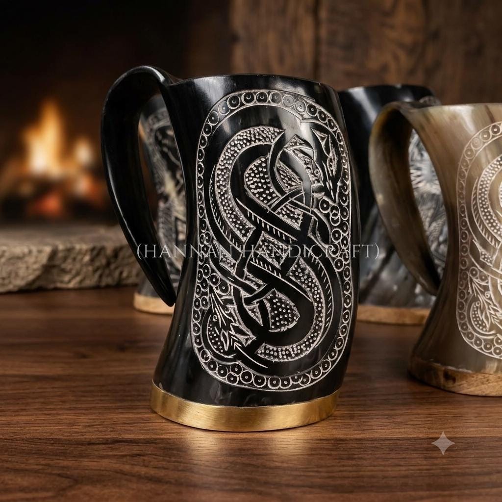 Viking Raven Mug - Authentic Drinking Horn Mug, Engraved Norse Raven Horn Tankard, Viking Mead