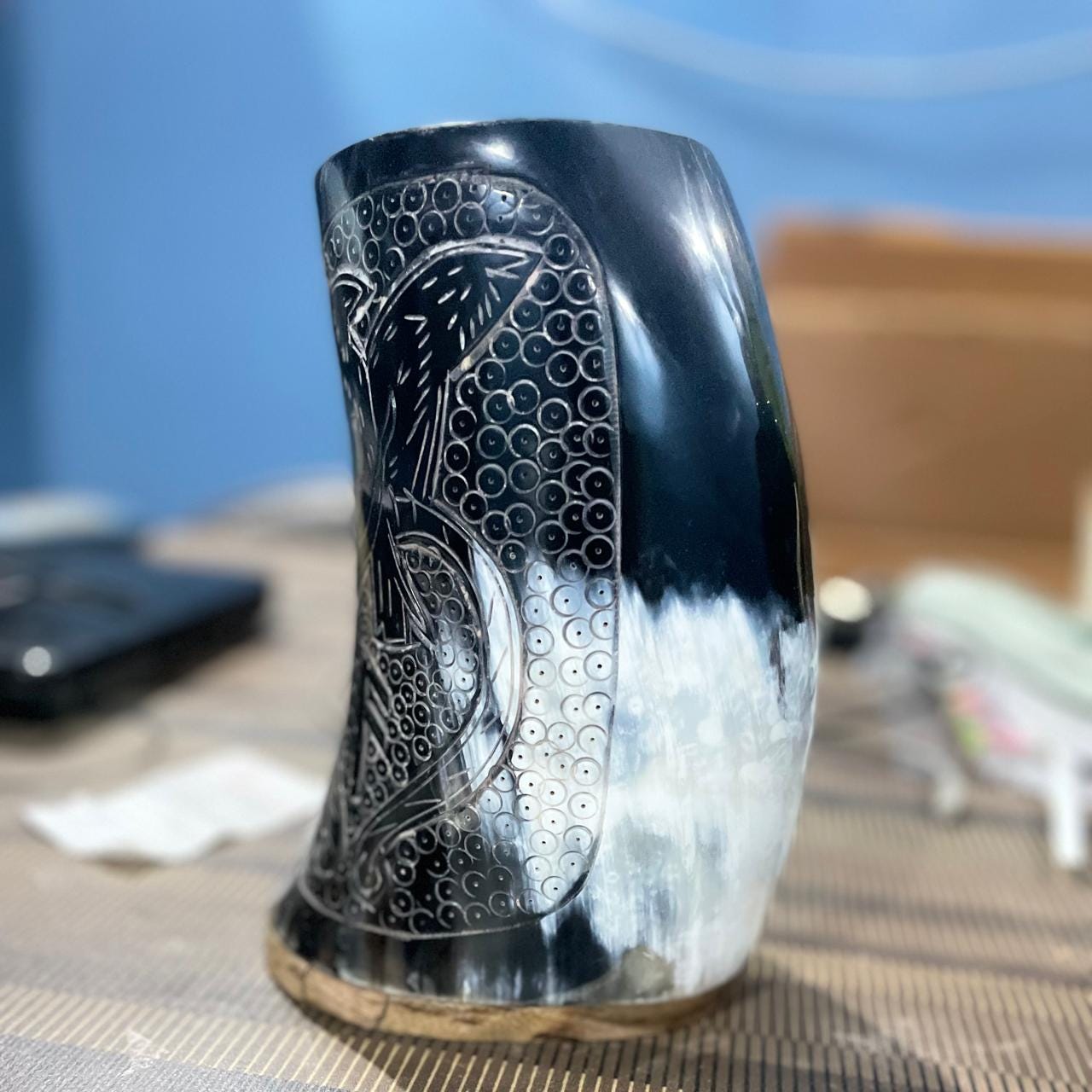 Viking Raven Mug - Authentic Drinking Horn Mug, Engraved Norse Raven Horn Tankard, Viking Mead