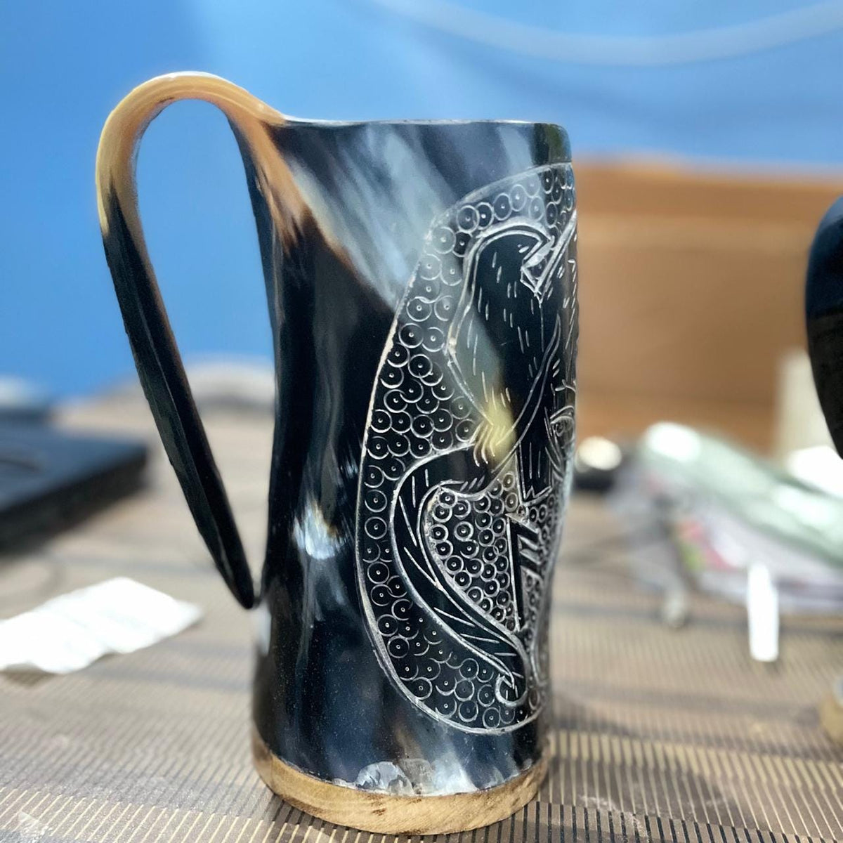 Viking Raven Mug - Authentic Drinking Horn Mug, Engraved Norse Raven Horn Tankard, Viking Mead