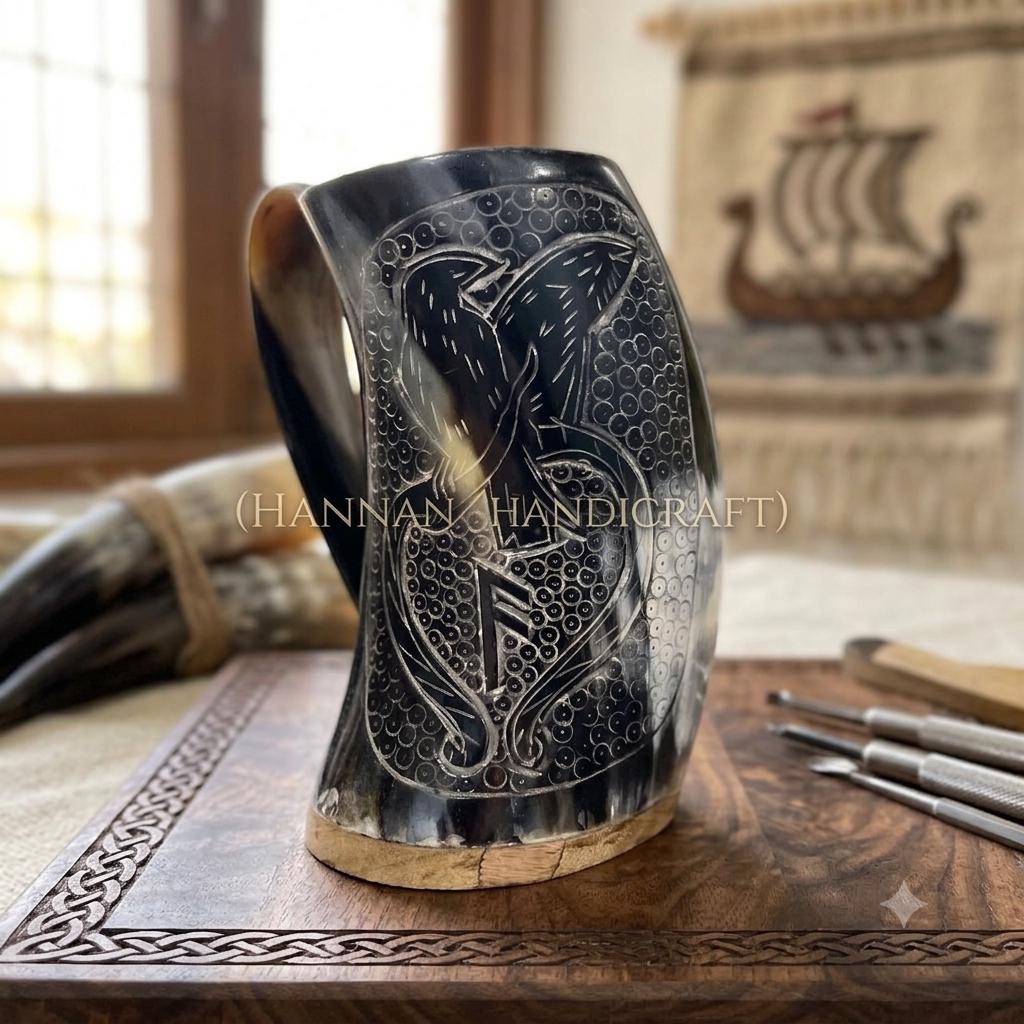 Viking Raven Mug - Authentic Drinking Horn Mug, Engraved Norse Raven Horn Tankard, Viking Mead