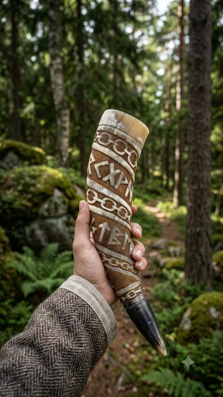 Viking Odin Mug - Hand Carved Viking Horn Mug, Norse Odin Tankard, Medieval Mead Cup (500-650ml)