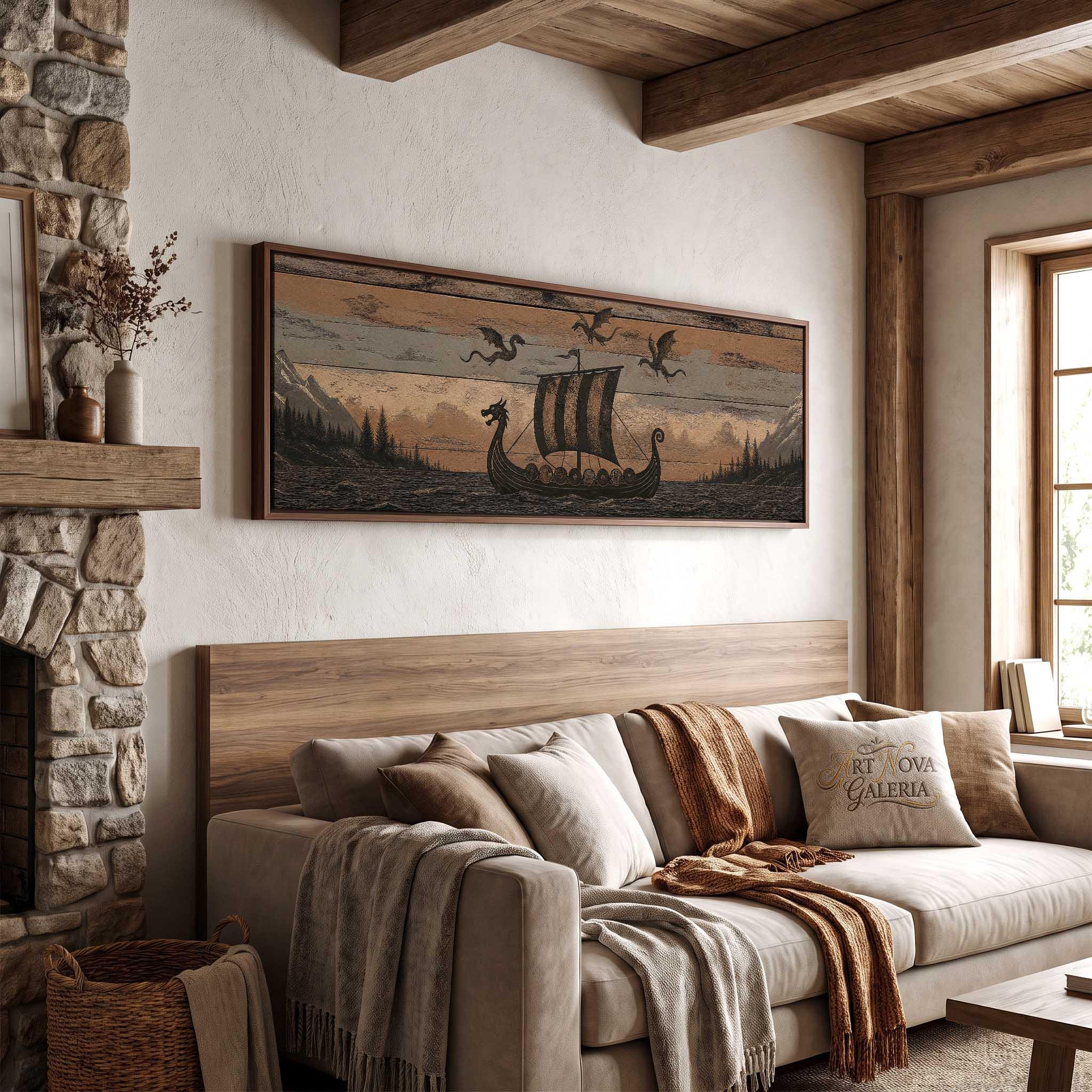 Viking Longship Home Decor - Panoramic Wall Art Viking Longship Canvas - Scandinavian Decor Norse