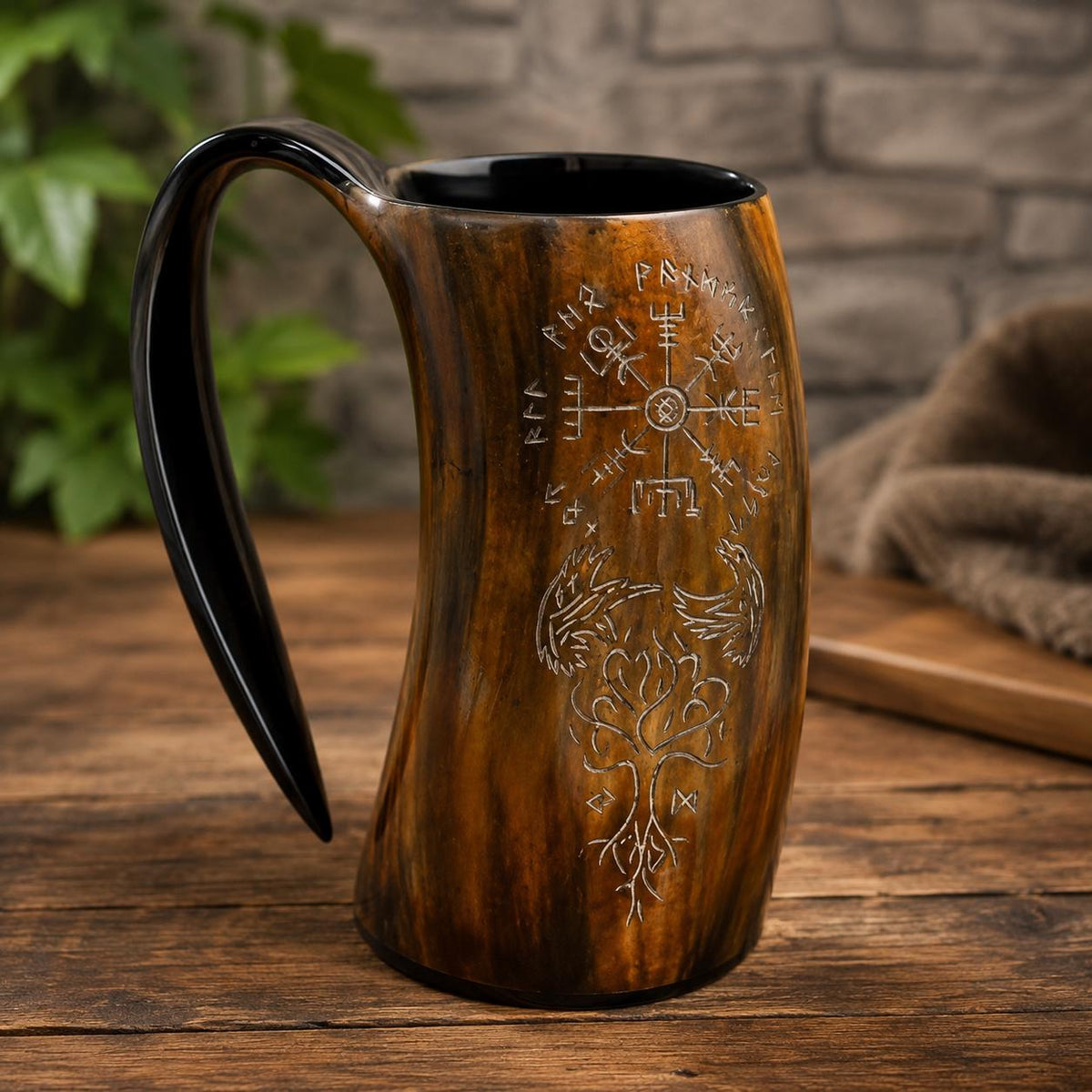 Viking Raven Mug - Authentic Drinking Horn Mug, Engraved Norse Raven Horn Tankard, Viking Mead