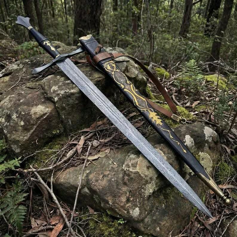 Viking Costume & LARP - 36” Damascus Northmen Sword with Scabbard, Handmade Collectible Medieval