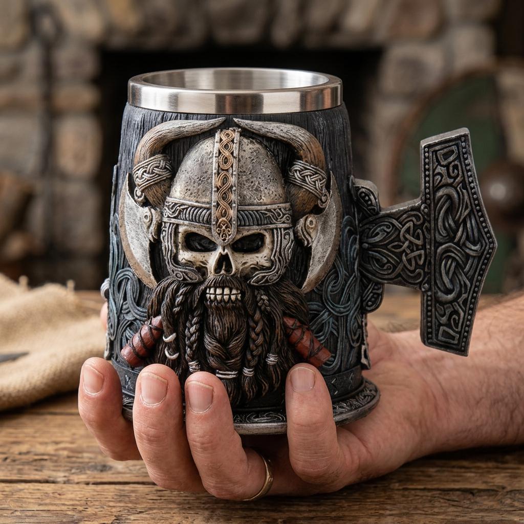 Viking Mug - Ivar the Bloodthirsty Viking Mug, 600ml Stainless Steel Beer Stein, Norse Warrior Cup