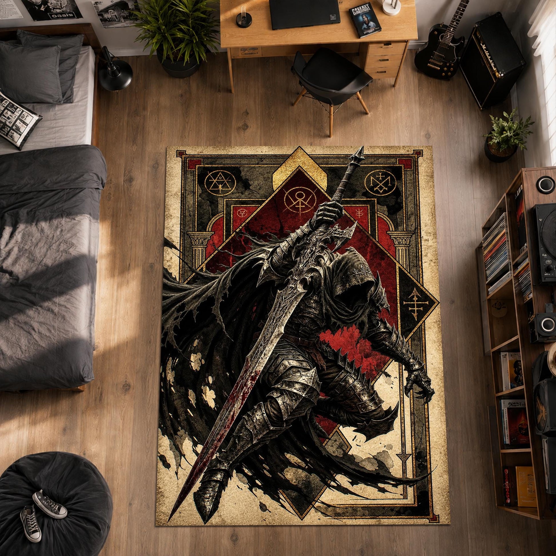Viking Odin Rug - Viking Round Rug, Norse Mythology Area Rug, Runic Circle Floor Mat, Horn of Odin