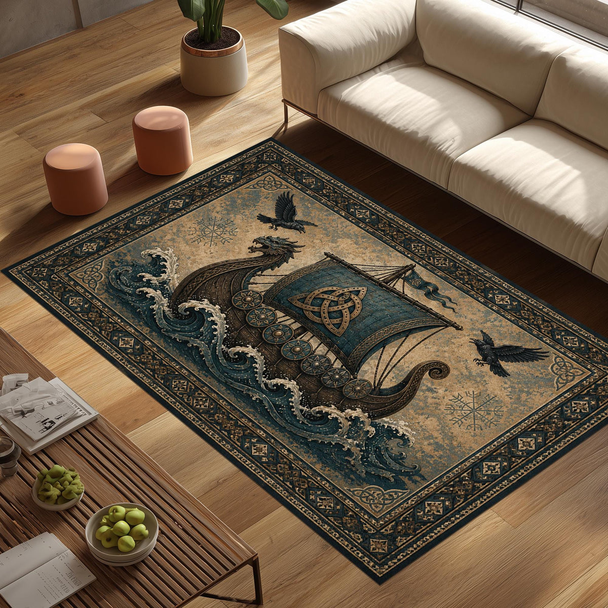 Viking Raven Rug - Viking Ship Rug: Norse Longship Carpet, Blue Ocean Waves, Celtic Raven Dragon