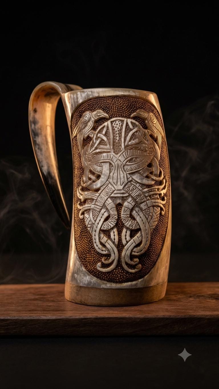 Viking Odin Mug - Hand Carved Viking Horn Mug, Norse Odin Tankard, Medieval Mead Cup (500-650ml)