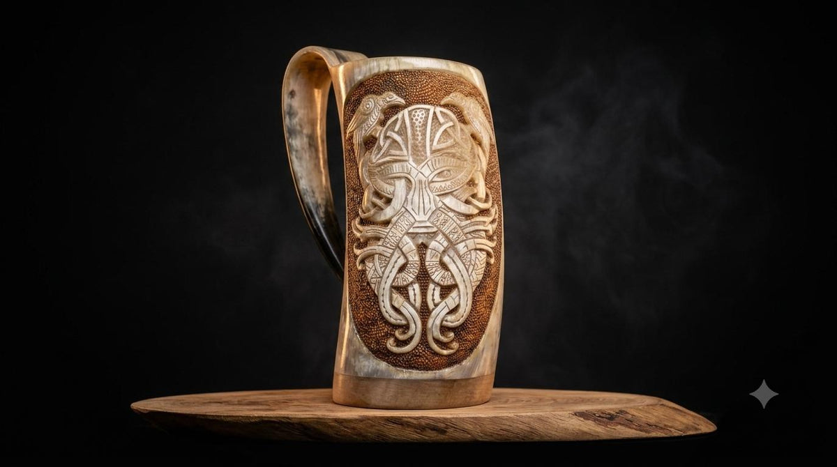 Viking Odin Mug - Hand Carved Viking Horn Mug, Norse Odin Tankard, Medieval Mead Cup (500-650ml)