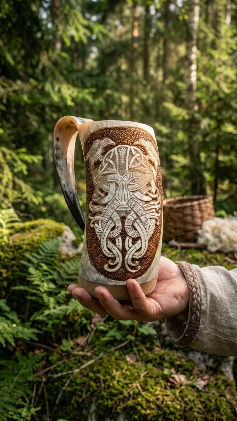 Viking Odin Mug - Hand Carved Viking Horn Mug, Norse Odin Tankard, Medieval Mead Cup (500-650ml)