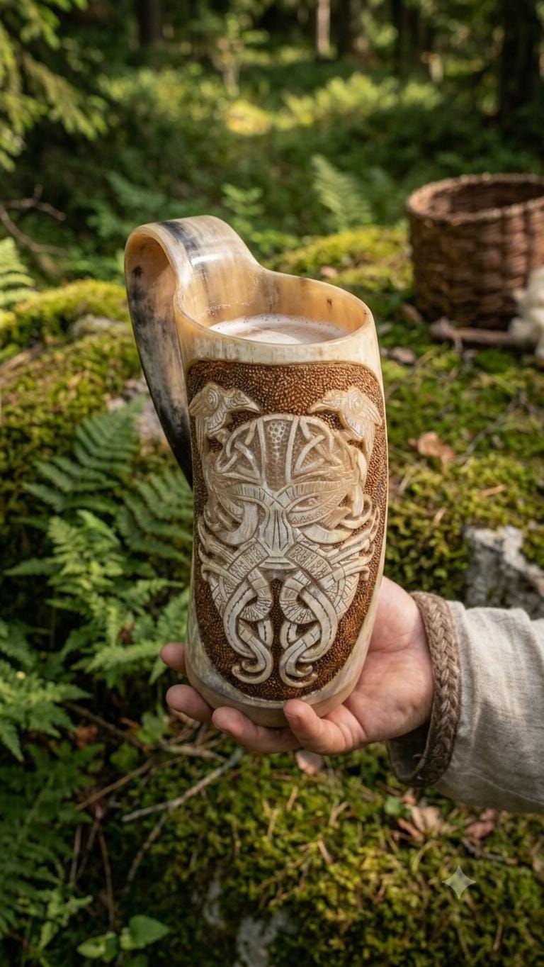 Viking Odin Mug - Hand Carved Viking Horn Mug, Norse Odin Tankard, Medieval Mead Cup (500-650ml)