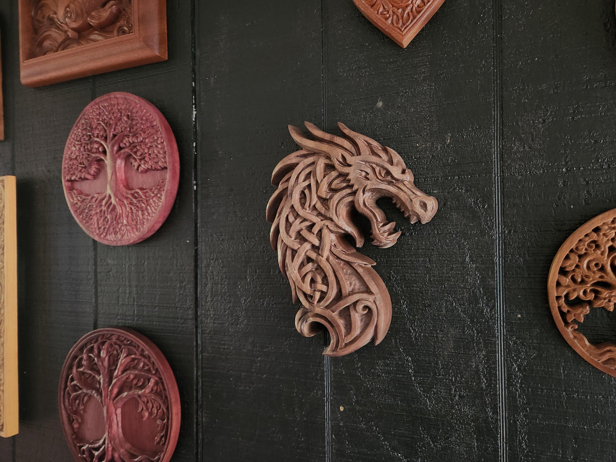 Viking Home Decor - Black Walnut Celtic Dragon Wood Carving – Norse Viking Wall Art