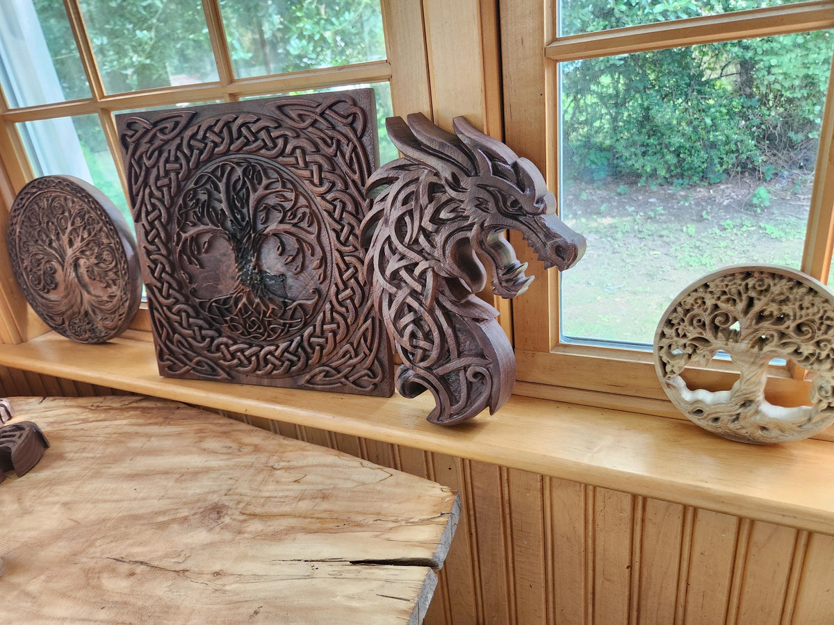 Viking Home Decor - Black Walnut Celtic Dragon Wood Carving – Norse Viking Wall Art
