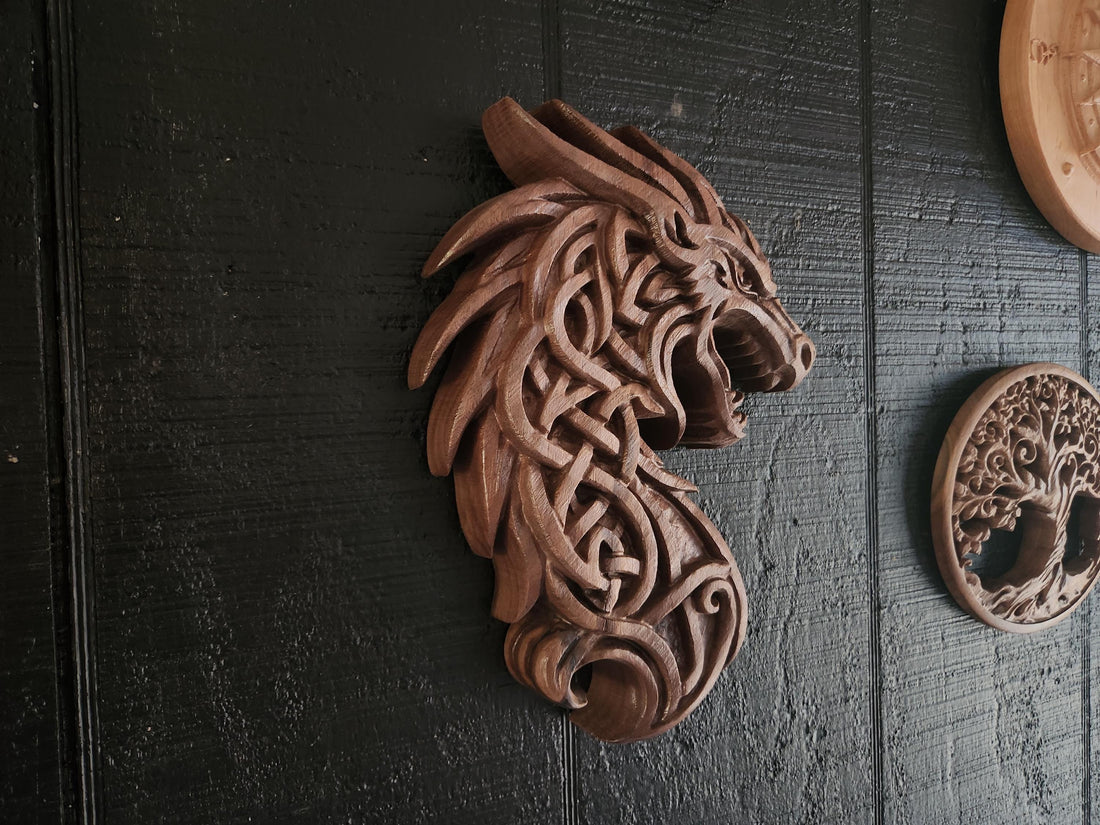 Viking Home Decor - Black Walnut Celtic Dragon Wood Carving – Norse Viking Wall Art