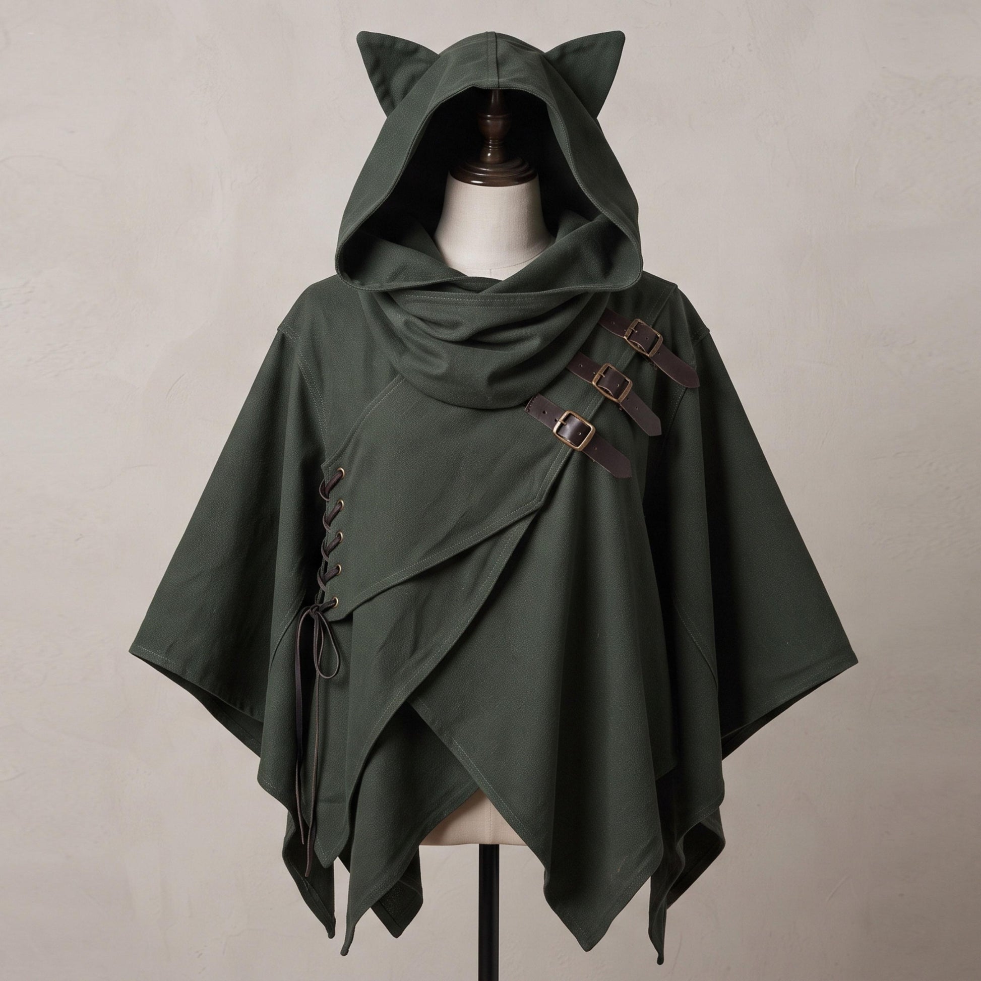Viking Jacket - Dark Green Leather Hooded Poncho, Medieval Fantasy Cape, Viking Cloak, Renaissance