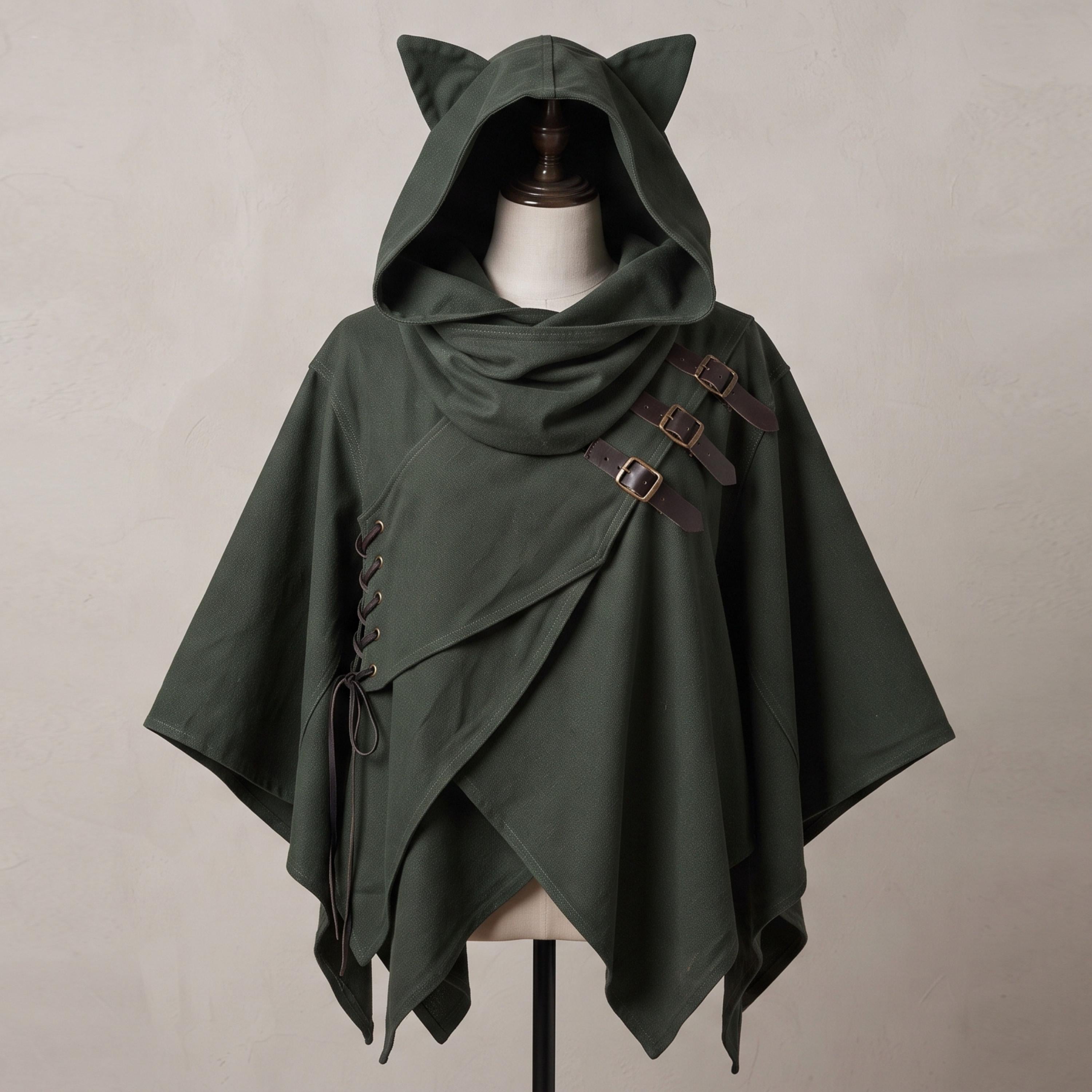 Viking Jacket - Dark Green Leather Hooded Poncho, Medieval Fantasy Cape, Viking Cloak, Renaissance