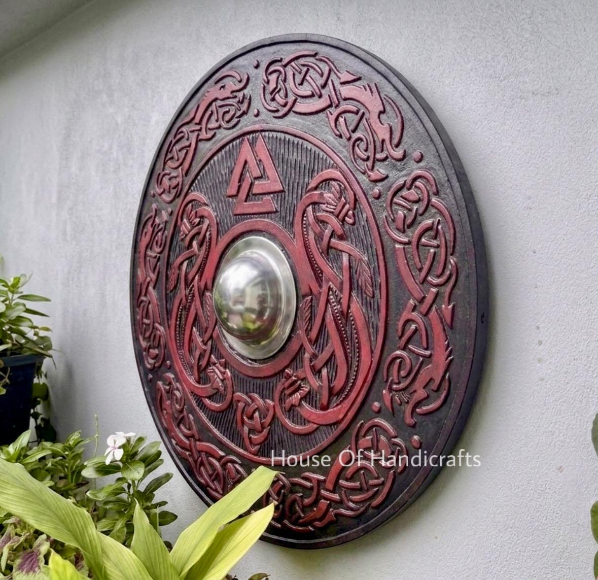 Viking Rune Weapon Replica - Handmade Viking Wooden Shield, Helm of Awe, Runes, Celtic Knots Wall