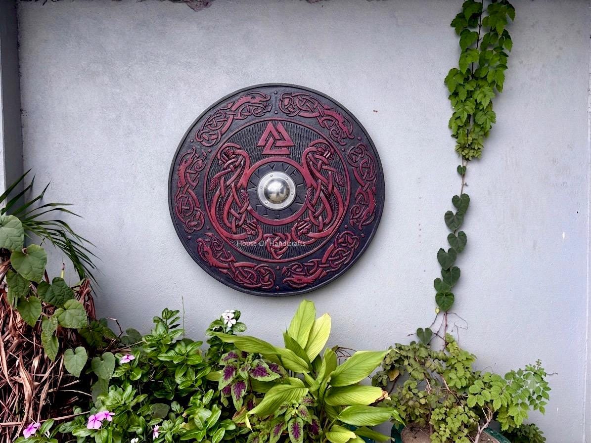 Viking Rune Weapon Replica - Handmade Viking Wooden Shield, Helm of Awe, Runes, Celtic Knots Wall