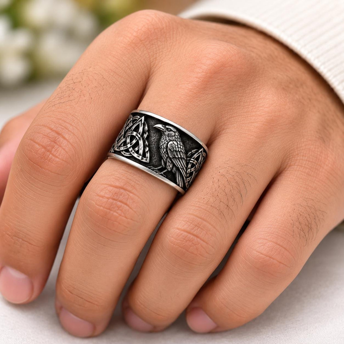 Viking Raven Ring - Sterling Silver Raven Ring, Celtic Knot Ring, Viking Raven Ring, Gothic Mens