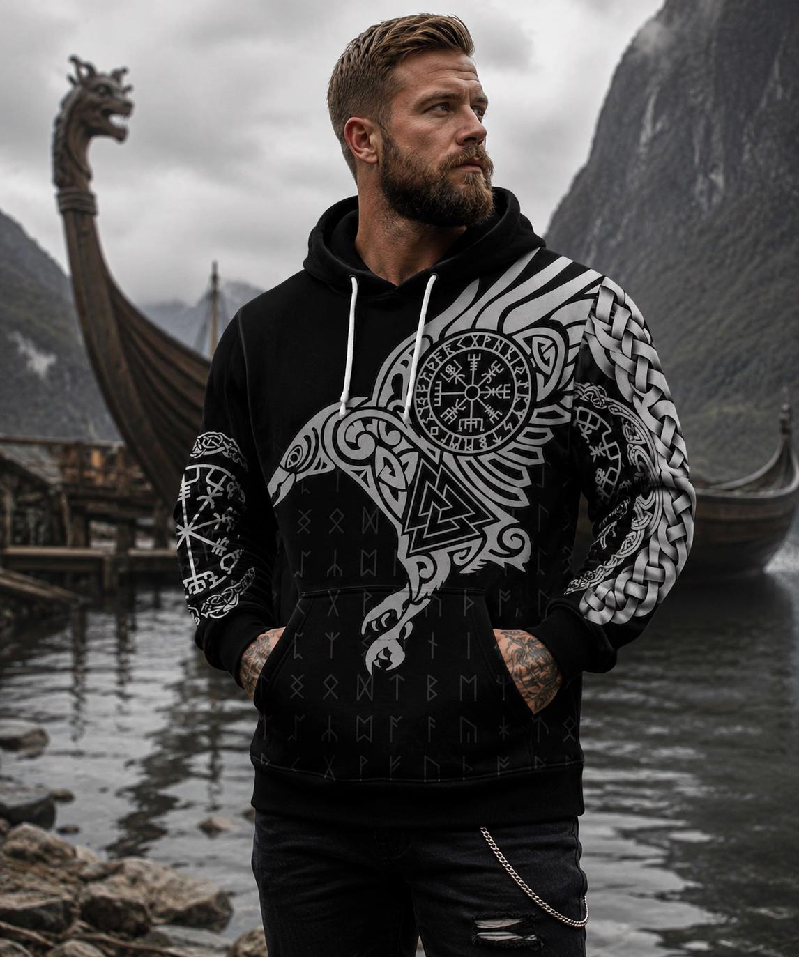 Viking Raven Hoodie - Unisex Viking Warrior Blood And Raven Sweatshirt Hoodie, Raven Viking Hoodie