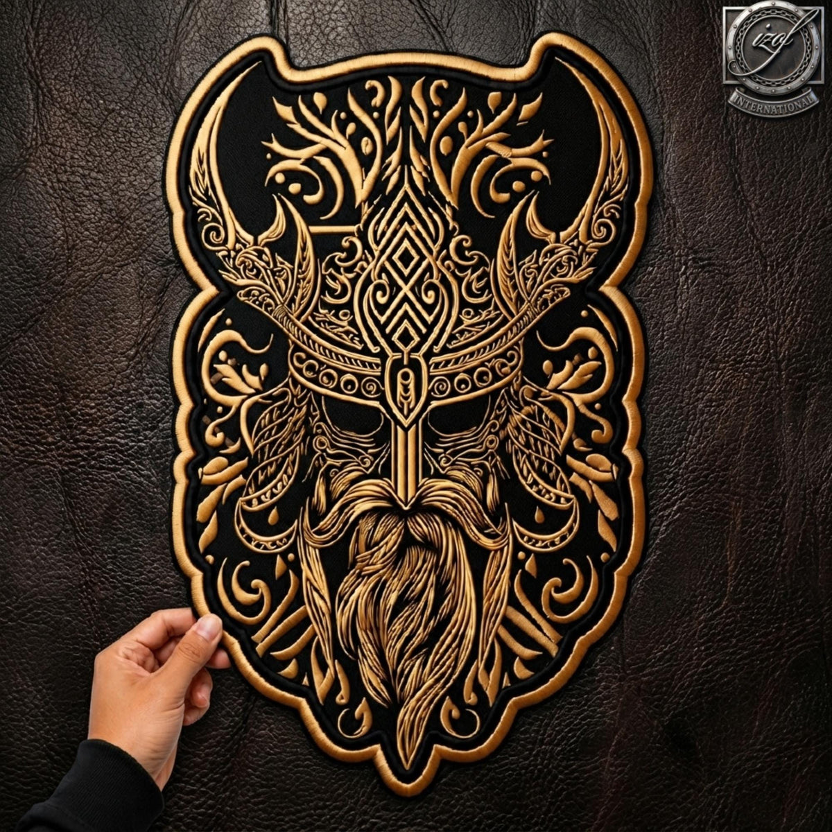 Viking Jacket - Viking Warrior Embroidered Patch, Norse Helmet Back Applique, Gold Black Gothic