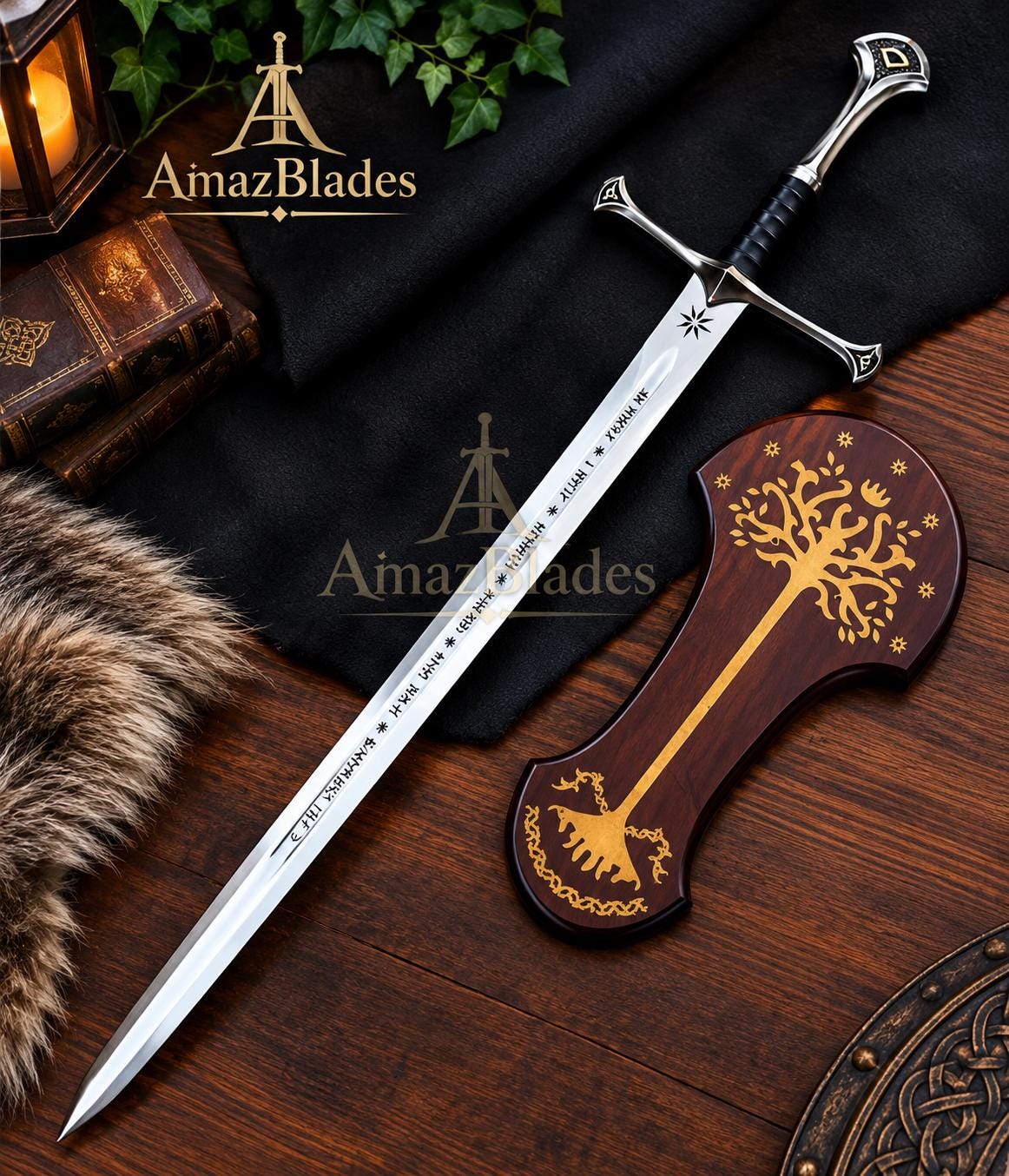 Viking Weapon Replica - Handmade Damascus Steel Celtic Leaf Sword, Viking Medieval Display Sword