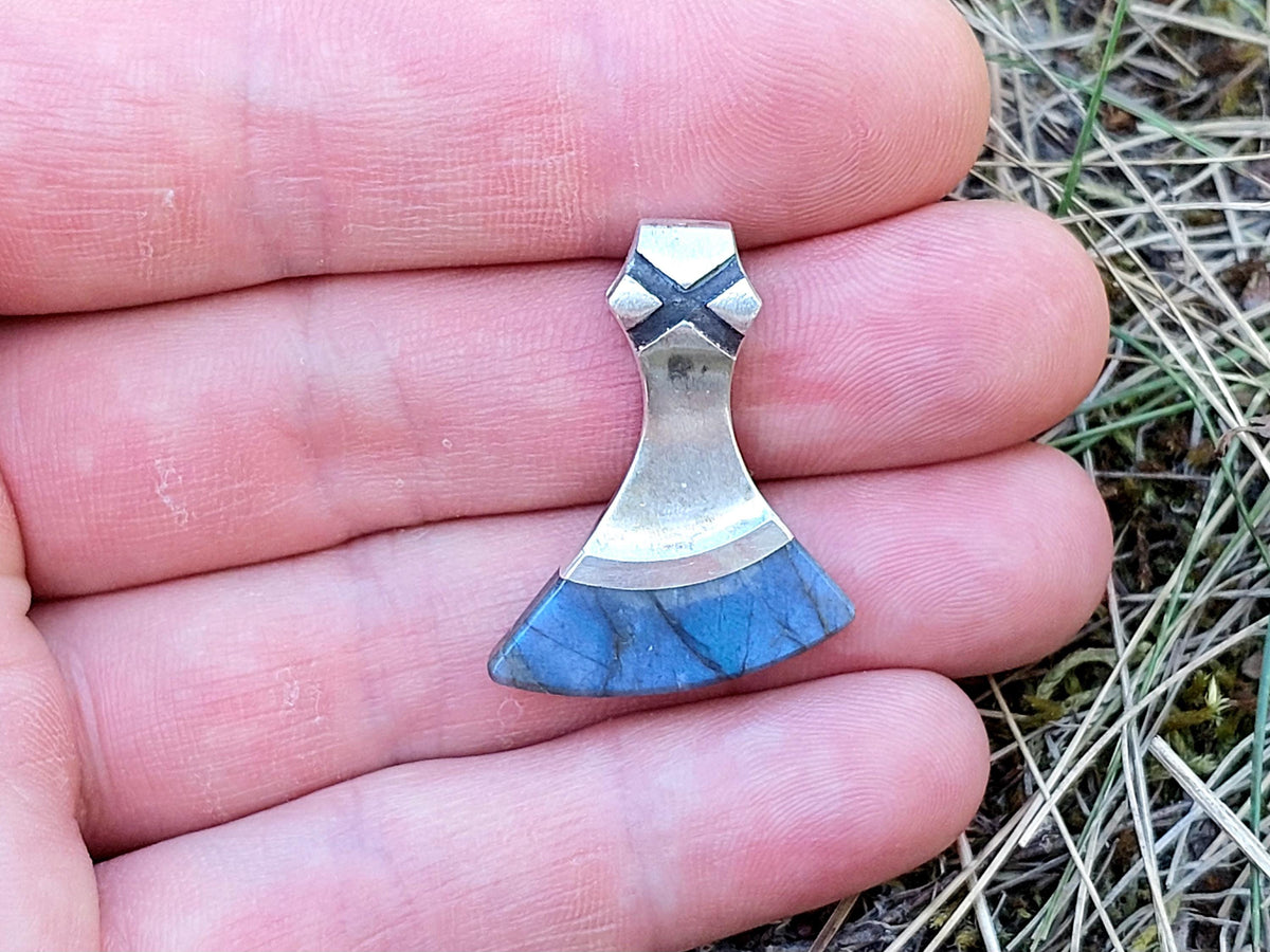 Viking Necklace - Labradorite Viking Axe Pendant, Norse Axe Necklace, Handmade Stone Amulet, Silver