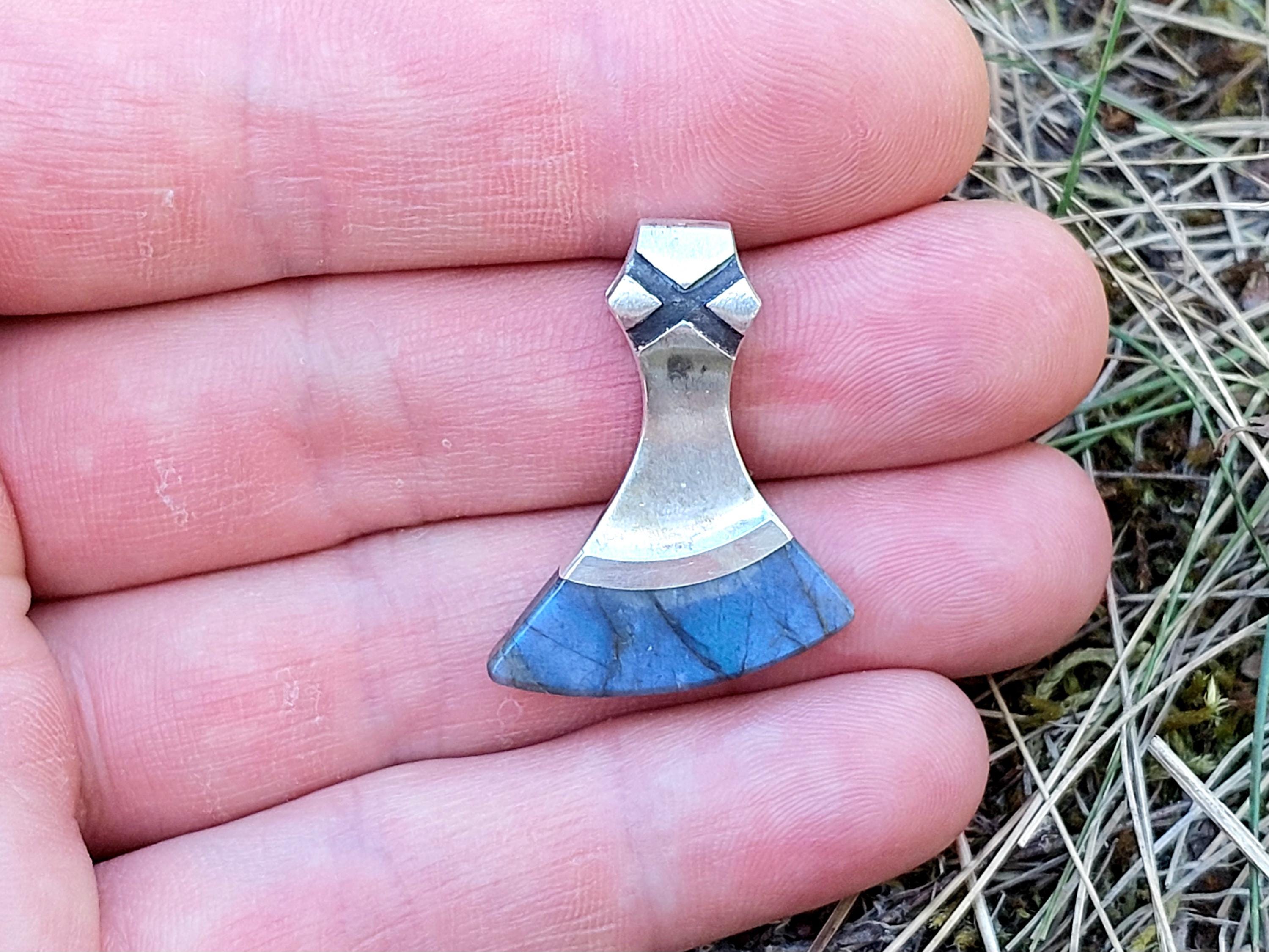Viking Necklace - Labradorite Viking Axe Pendant, Norse Axe Necklace, Handmade Stone Amulet, Silver