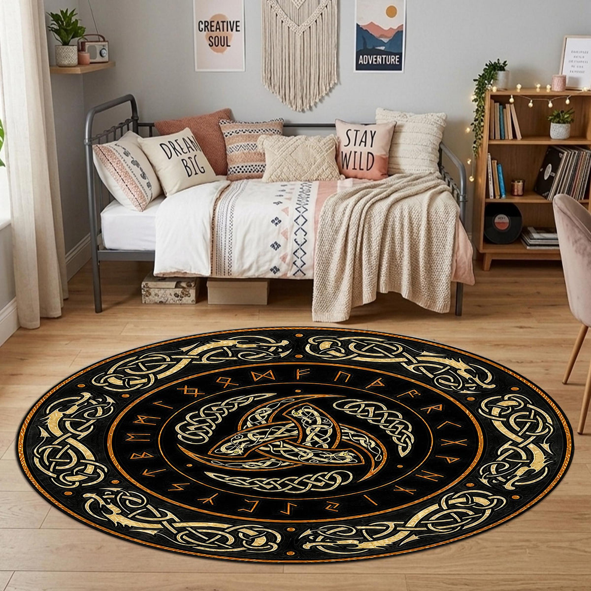 Viking Odin Rug - Viking Round Rug, Norse Mythology Area Rug, Runic Circle Floor Mat, Horn of Odin