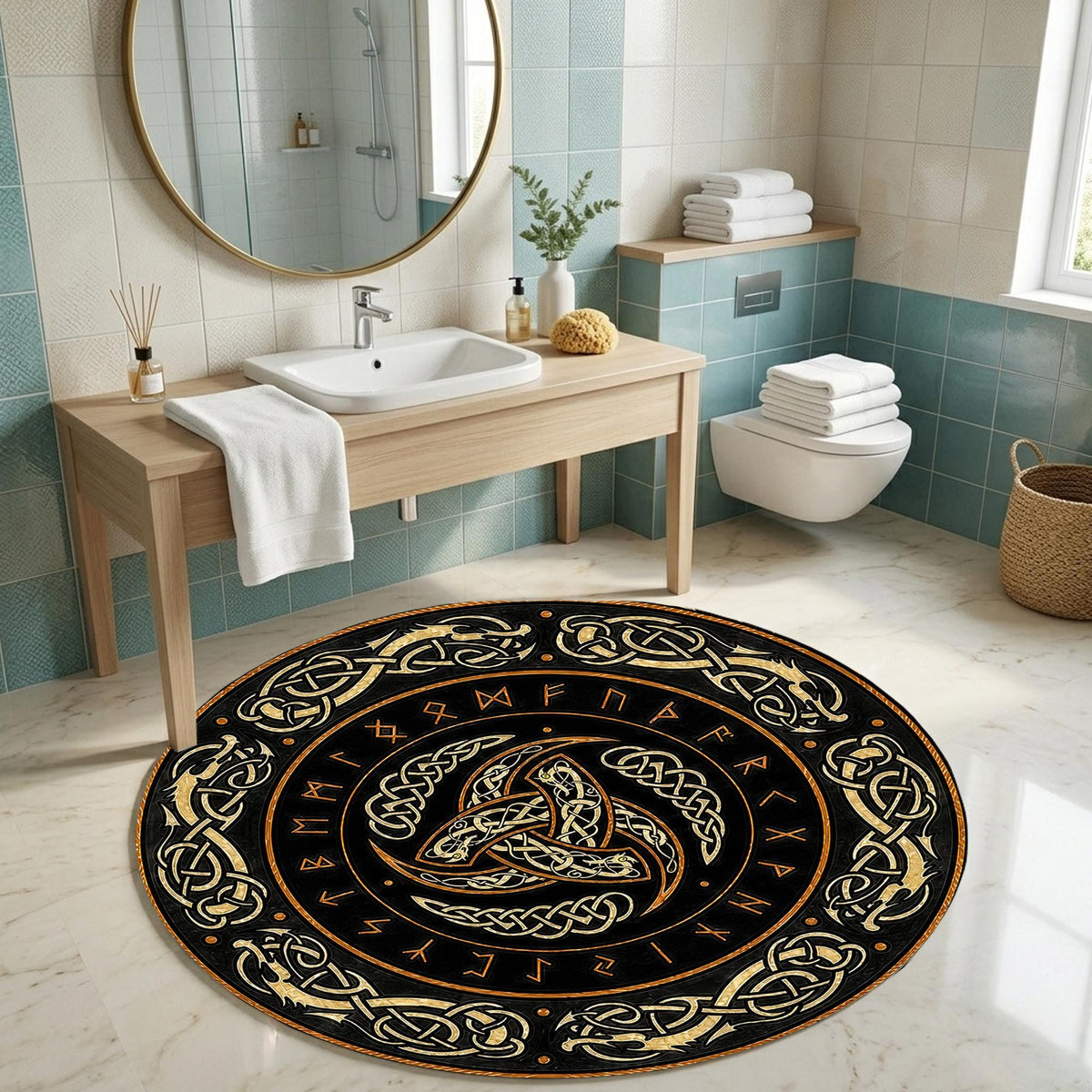 Viking Odin Rug - Viking Round Rug, Norse Mythology Area Rug, Runic Circle Floor Mat, Horn of Odin