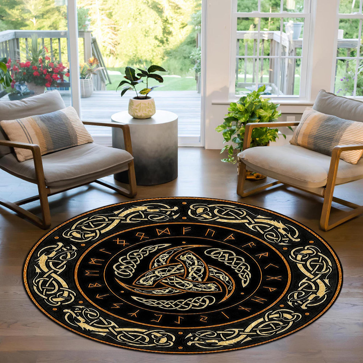 Viking Odin Rug - Viking Round Rug, Norse Mythology Area Rug, Runic Circle Floor Mat, Horn of Odin
