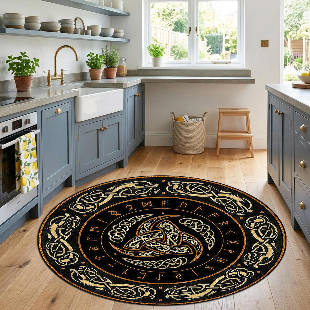 Viking Odin Rug - Viking Round Rug, Norse Mythology Area Rug, Runic Circle Floor Mat, Horn of Odin