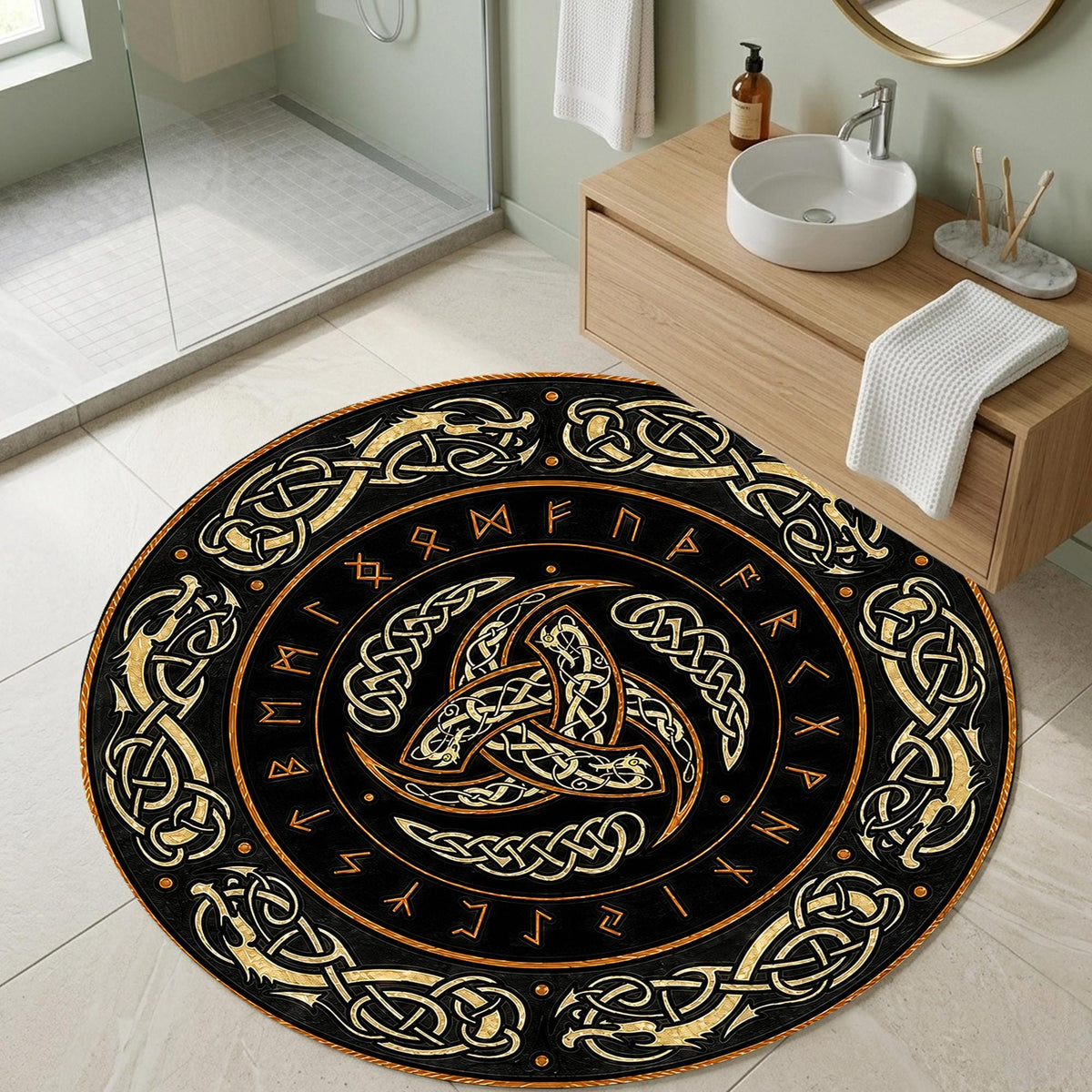 Viking Odin Rug - Viking Round Rug, Norse Mythology Area Rug, Runic Circle Floor Mat, Horn of Odin