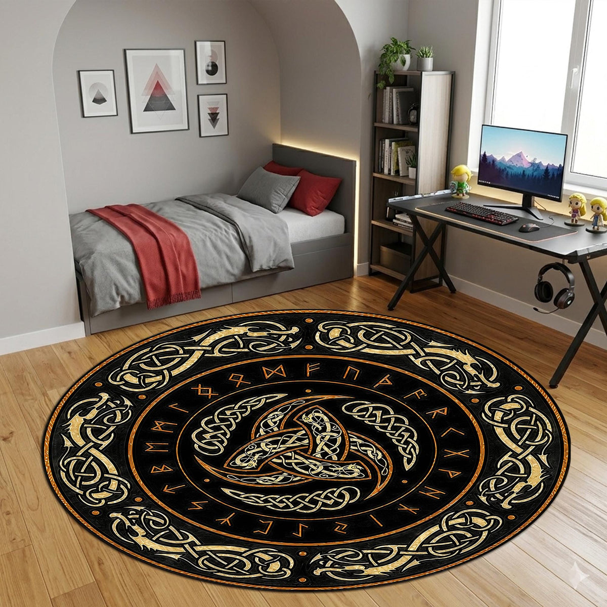 Viking Odin Rug - Viking Round Rug, Norse Mythology Area Rug, Runic Circle Floor Mat, Horn of Odin