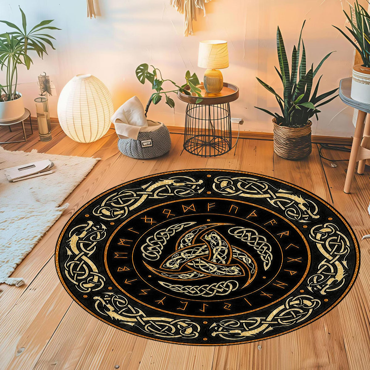 Viking Odin Rug - Viking Round Rug, Norse Mythology Area Rug, Runic Circle Floor Mat, Horn of Odin