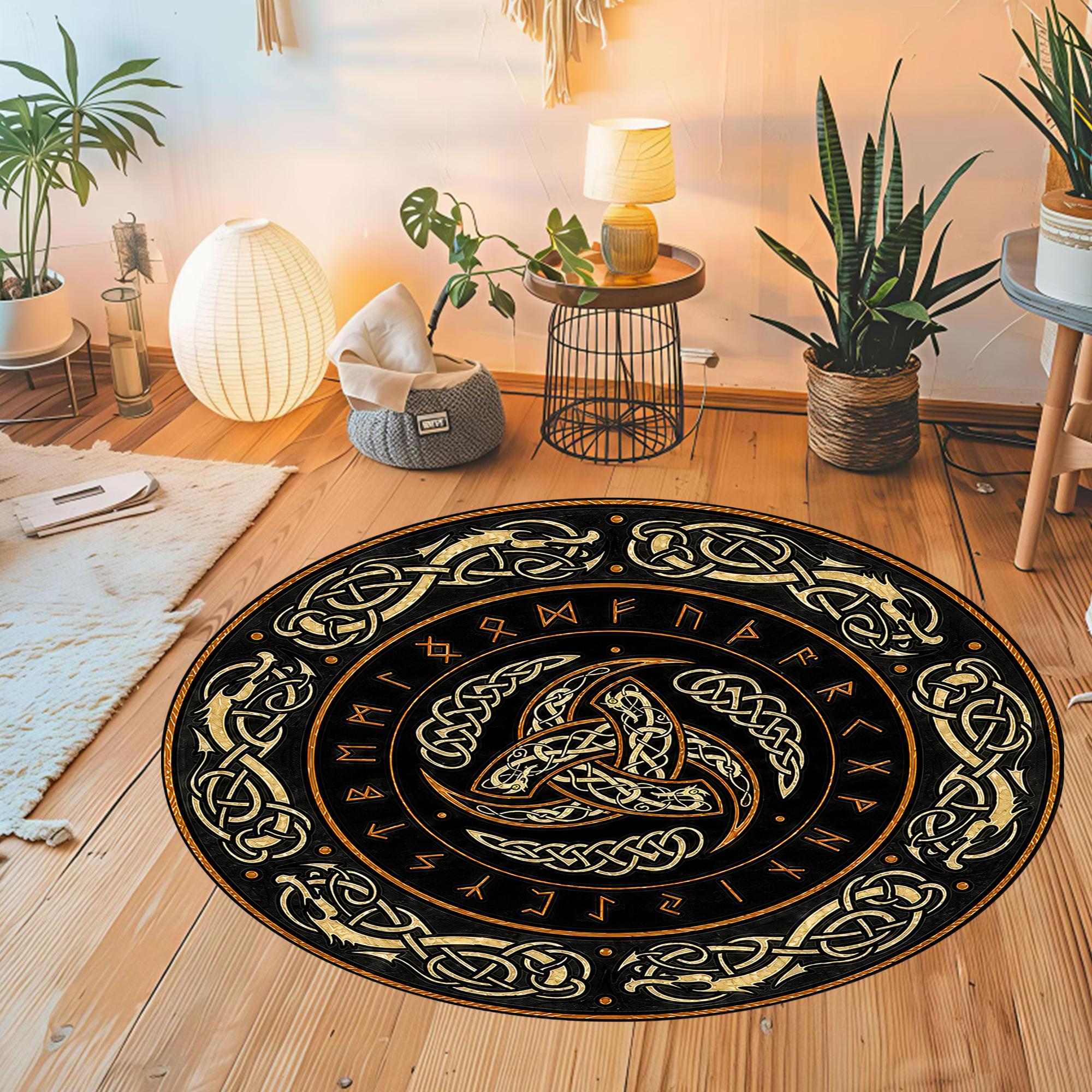 Viking Odin Rug - Viking Round Rug, Norse Mythology Area Rug, Runic Circle Floor Mat, Horn of Odin
